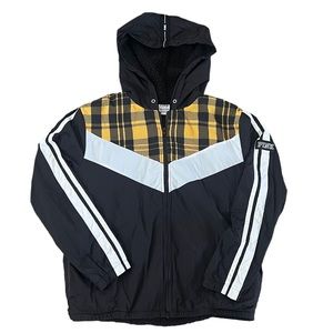 Pink Victoria Secret Plaid/Striped Bomber Jacket Hoodie Logo